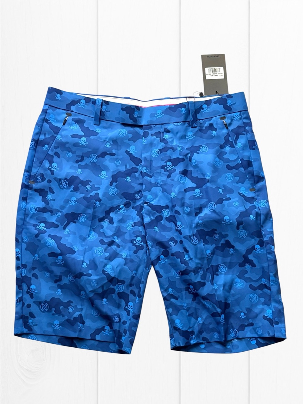 G/Fore NWT Casual Golf Shorts Size 32 US In Blue Skull Camo Design Polyester - Picture 1 of 5